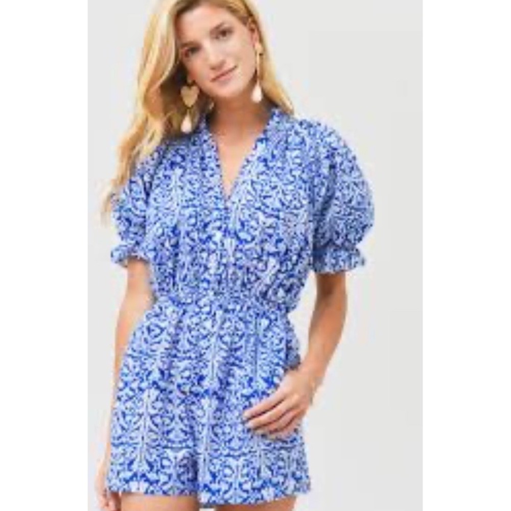 $370 St Bernard CHARINA SARTE Blue Ikat Print Cotton Mini Romper Puff Sleeve S M